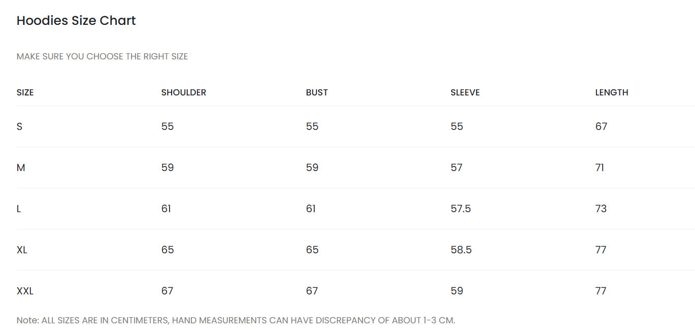 Hoodies Size Chart