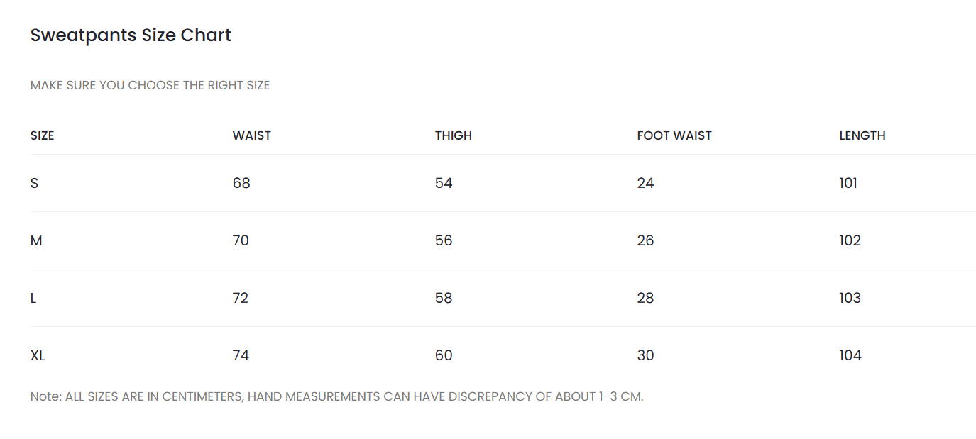 Sweatpant Size Chart